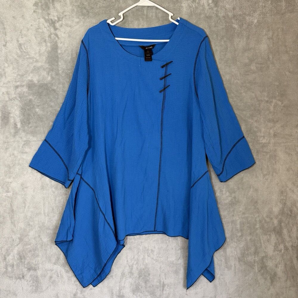 Ali Miles Tunic 1X Top Blue Art To Wear Lagenlook  Scoop Neck Asymmetrical Hem